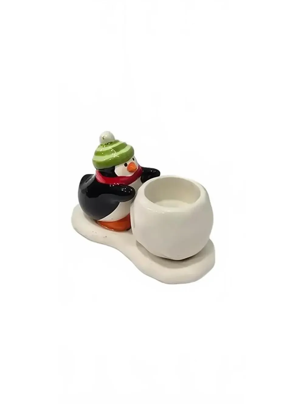 Hallmark Ceramic Penguin Candle Holder with Green Hat and Red Scarf